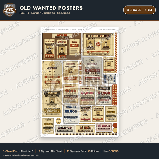 Alpine Railworks 30053G G Scale Old Wanted Posters - Border Bandidos