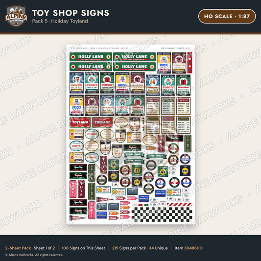 Alpine Railworks 30486HO HO Scale Toy Shop Signs - Holiday Toyland