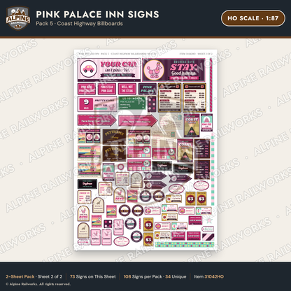 Alpine Railworks 31042HO HO Scale Roadside Signs - Pink Themed Motel