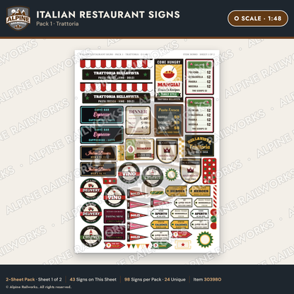 Alpine Railworks 30398O O Scale Italian Restaurant Signs - Trattoria