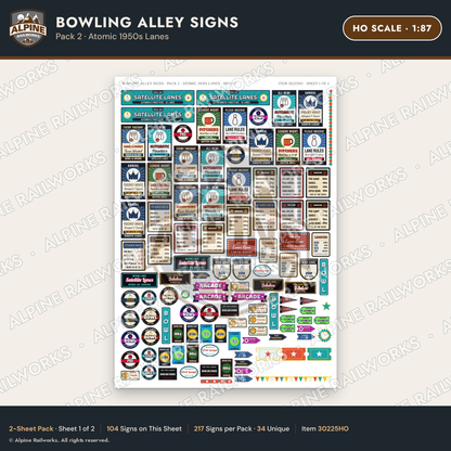 Alpine Railworks 30225HO HO Scale Bowling Alley Signs - Atomic Lanes