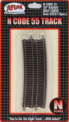 Atlas Model Railroad 2027 N Scale Code 55 Track -- 20" Radius Half Curve pkg(6)
