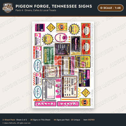 Alpine Railworks 31275O O Scale Pigeon Forge TN Signs - Diners & Cafes