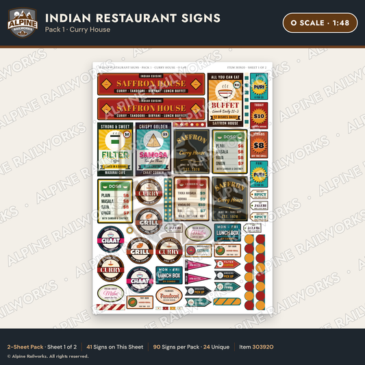 Alpine Railworks 30392O O Scale Indian Restaurant Signs - Curry House