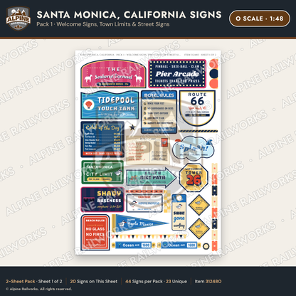 Alpine Railworks 31248O O Scale Santa Monica CA Signs - Welcome Signs
