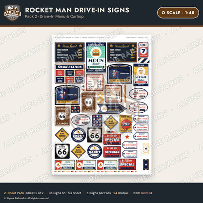 Alpine Railworks 30961O O Scale Roadside Signs - Spaceman Drive-In