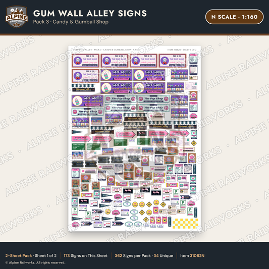 Alpine Railworks 31082N N Scale Roadside Signs - Bubblegum Alley