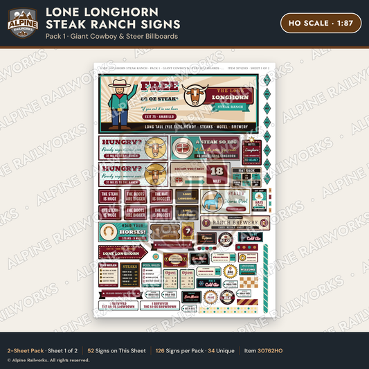 Alpine Railworks 30762HO HO Scale Roadside Signs - Big Steakhouse