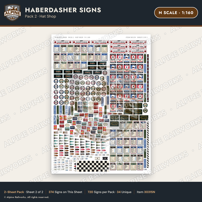 Alpine Railworks 30315N N Scale Haberdasher Signs - Hat Shop