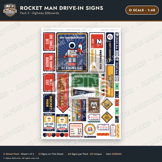 Alpine Railworks 30964O O Scale Roadside Signs - Spaceman Drive-In