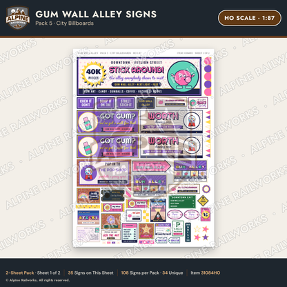 Alpine Railworks 31084HO HO Scale Roadside Signs - Bubblegum Alley