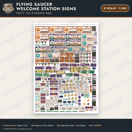 Alpine Railworks 31088N N Scale Roadside Signs - UFO Welcome Center