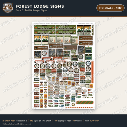 Alpine Railworks 30466HO HO Scale Forest Lodge Signs - Trail & Ranger