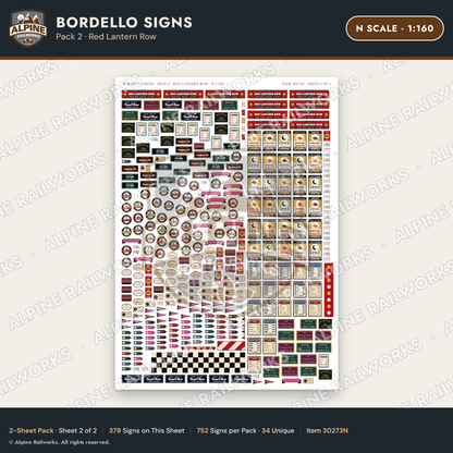 Alpine Railworks 30273N N Scale Bordello Signs - Red Lantern Row