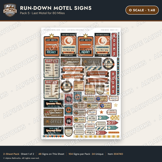 Alpine Railworks 30474O O Scale Run-Down Motel Signs