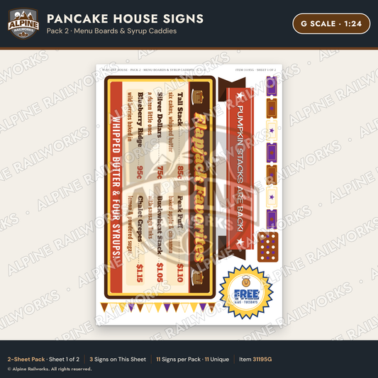 Alpine Railworks 31195G G Scale Pancake House Signs - Menu Boards