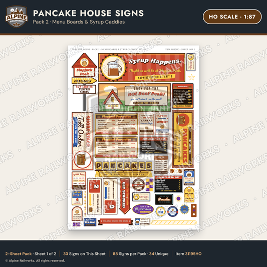 Alpine Railworks 31195HO HO Scale Pancake House Signs - Menu Boards