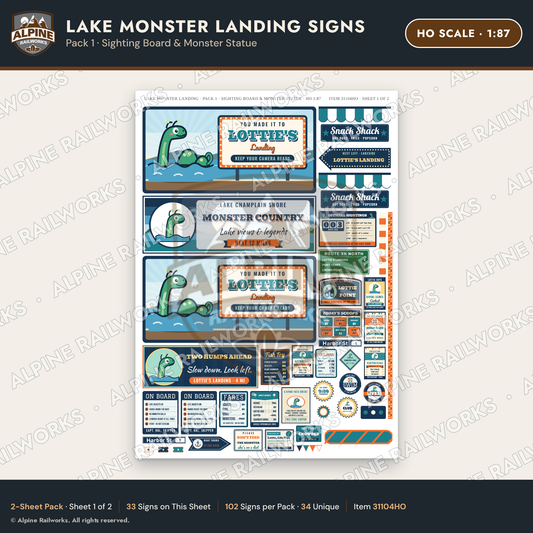 Alpine Railworks 31104HO HO Scale Roadside Signs - Lake Monster