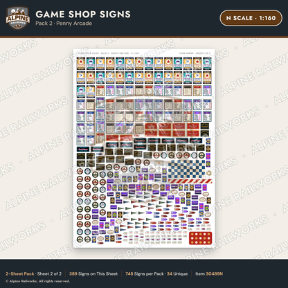 Alpine Railworks 30489N N Scale Game Shop Signs - Penny Arcade