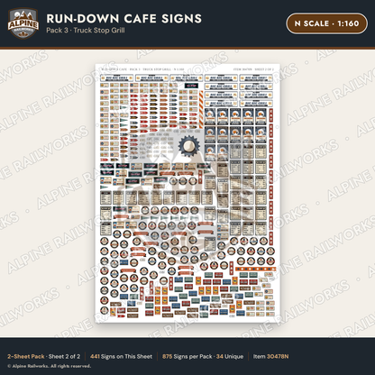 Alpine Railworks 30478N N Scale Run-Down Cafe Signs - Truck Stop Grill