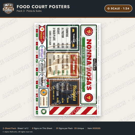 Alpine Railworks 30202G G Scale Food Court Posters - Pizza & Subs