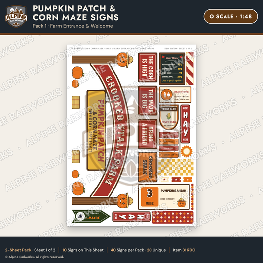Alpine Railworks 31170O O Scale Farm Signs - Pumpkin Patch & Corn Maze
