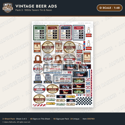 Alpine Railworks 30076O O Scale Vintage Beer Ads - 1950s Tavern Tin