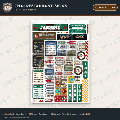 Alpine Railworks 30410O O Scale Thai Restaurant Signs - Thai Kitchen
