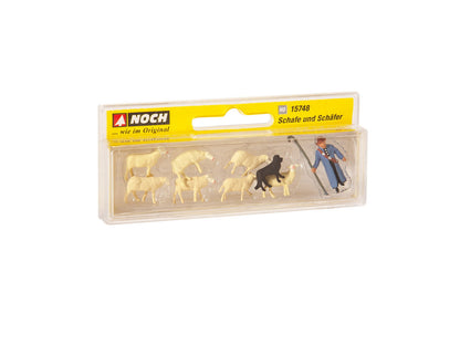 Noch 15748 HO Scale Sheep and Shepherd, 1 Shepherd, Dog, 7 Sheep