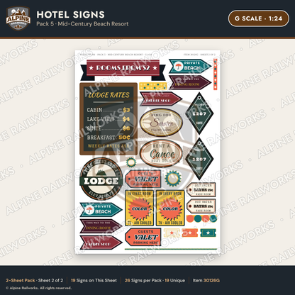 Alpine Railworks 30126G G Scale Hotel Signs - Mid-Century Beach Resort