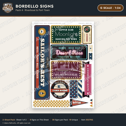 Alpine Railworks 30275G G Scale Bordello Signs - Riverboat & Port Town