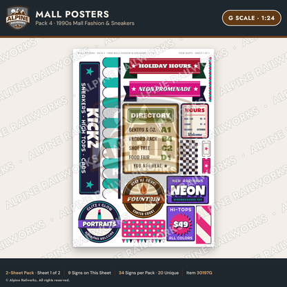 Alpine Railworks 30197G G Scale Mall Posters - 1990s Mall Fashion