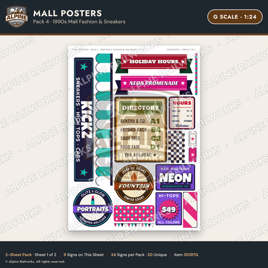 Alpine Railworks 30197G G Scale Mall Posters - 1990s Mall Fashion