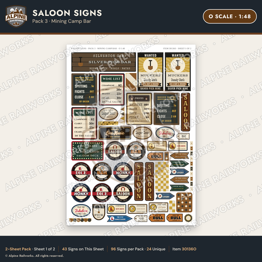 Alpine Railworks 30136O O Scale Saloon Signs - Mining Camp Bar