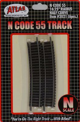 Atlas Model Railroad 2021 N Scale Code 55 Track 16-1/4" Radius Half Curve pkg(6)