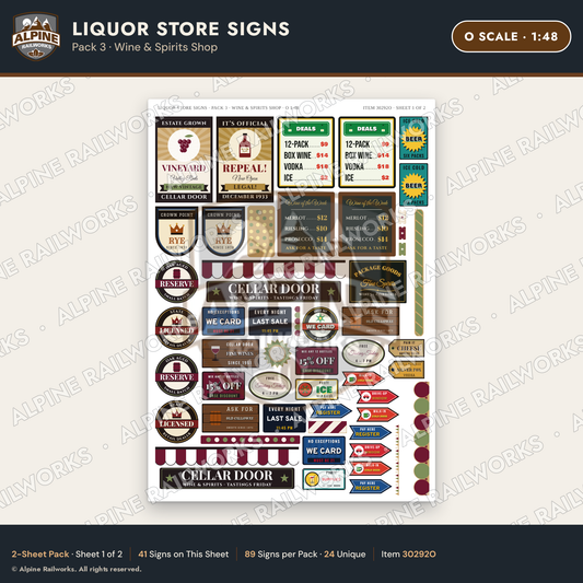 Alpine Railworks 30292O O Scale Liquor Store Signs - Wine