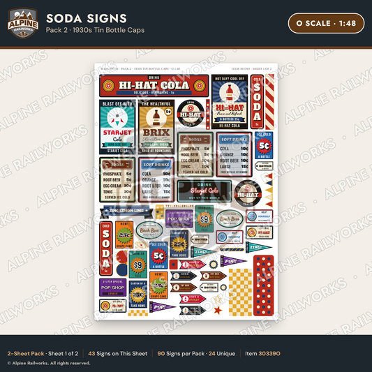Alpine Railworks 30339O O Scale Soda Signs - 1930s Tin Bottle Caps