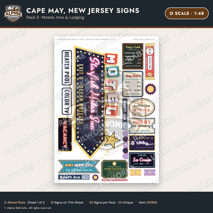 Alpine Railworks 31316O O Scale Cape May NJ Signs - Motels & Inns