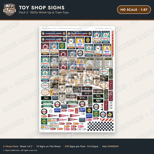 Alpine Railworks 30483HO HO Scale Toy Shop Signs - 1920s Wind-Up