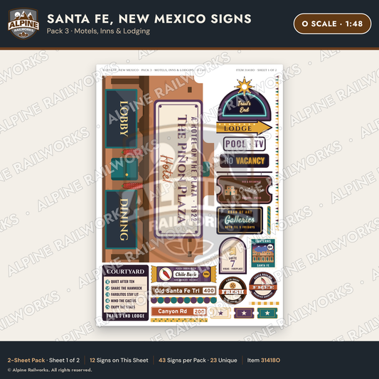 Alpine Railworks 31418O O Scale Santa Fe NM Signs - Motels & Inns
