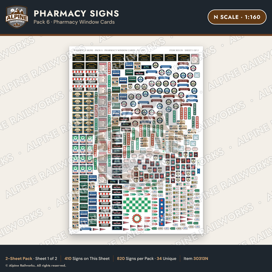 Alpine Railworks 30313N N Scale Pharmacy Signs - Pharmacy Window Cards