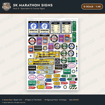 Alpine Railworks 30241O O Scale 5K Marathon Signs - Spectator & Course
