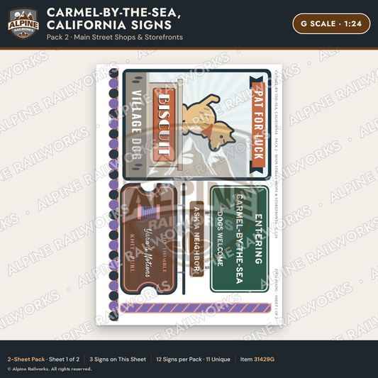 Alpine Railworks 31429G G Scale Carmel CA Signs - Main Street Shops