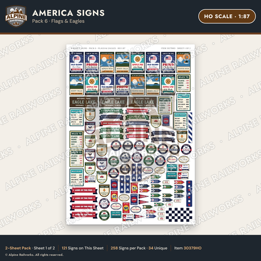 Alpine Railworks 30379HO HO Scale America Signs - Flags & Eagles