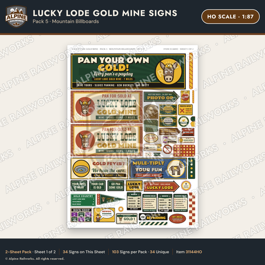 Alpine Railworks 31144HO HO Scale Roadside Signs - Gold Panning Mine