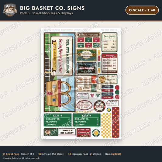Alpine Railworks 30896O O Scale Roadside Signs - Basket Building