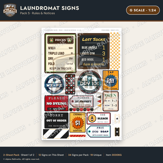 Alpine Railworks 30306G G Scale Laundromat Signs - Rules & Notices