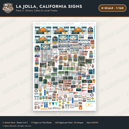 Alpine Railworks 31257N N Scale La Jolla CA Signs - Diners & Cafes