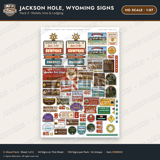 Alpine Railworks 31388HO HO Scale Jackson Hole WY Signs - Motels