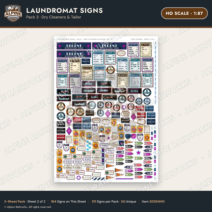 Alpine Railworks 30304HO HO Scale Laundromat Signs - Dry Cleaners